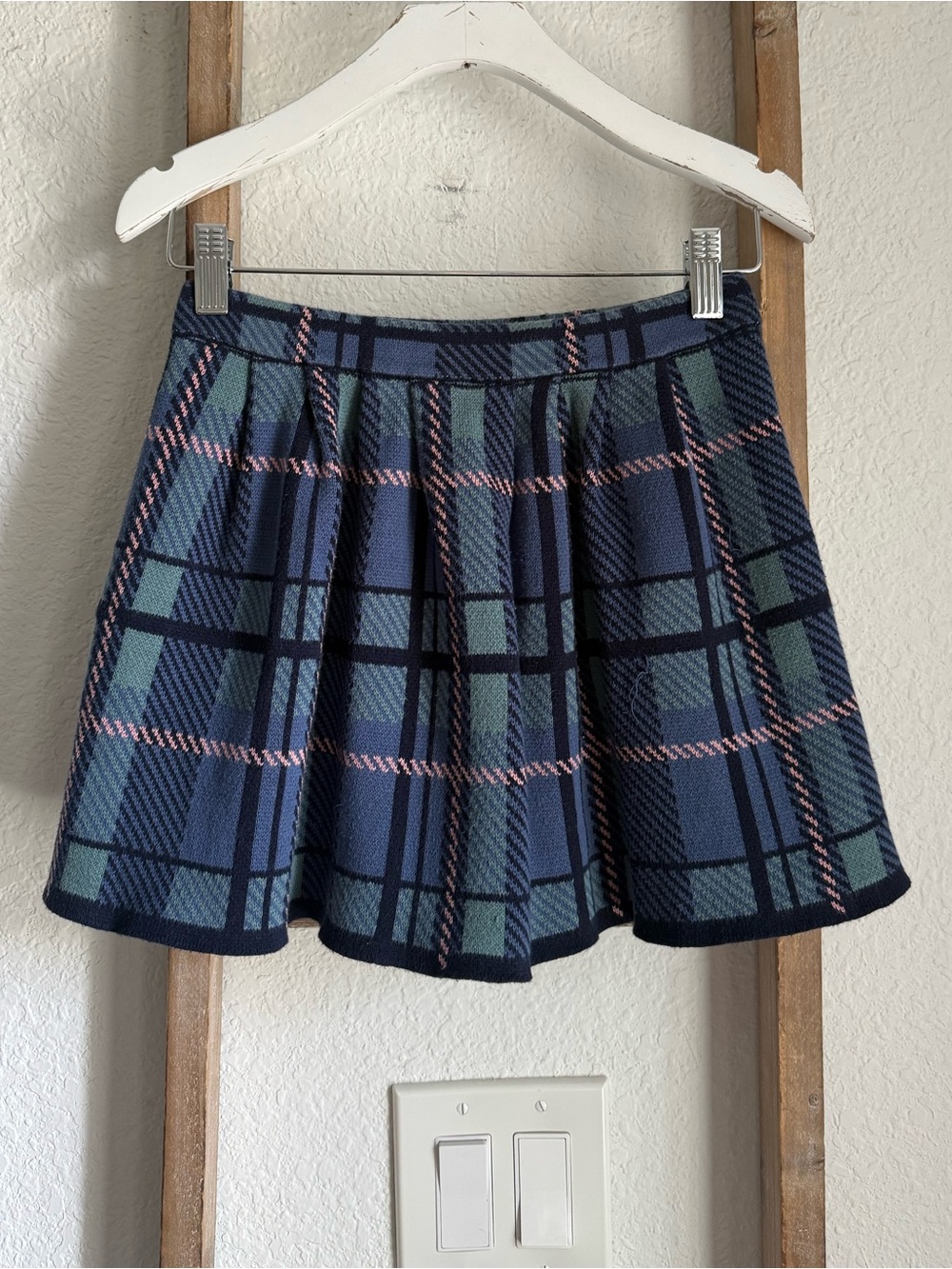 Girls Plaid Knit Sweater Plaid Blue Pink Pleated Skater Skirt sz: M or 7/8